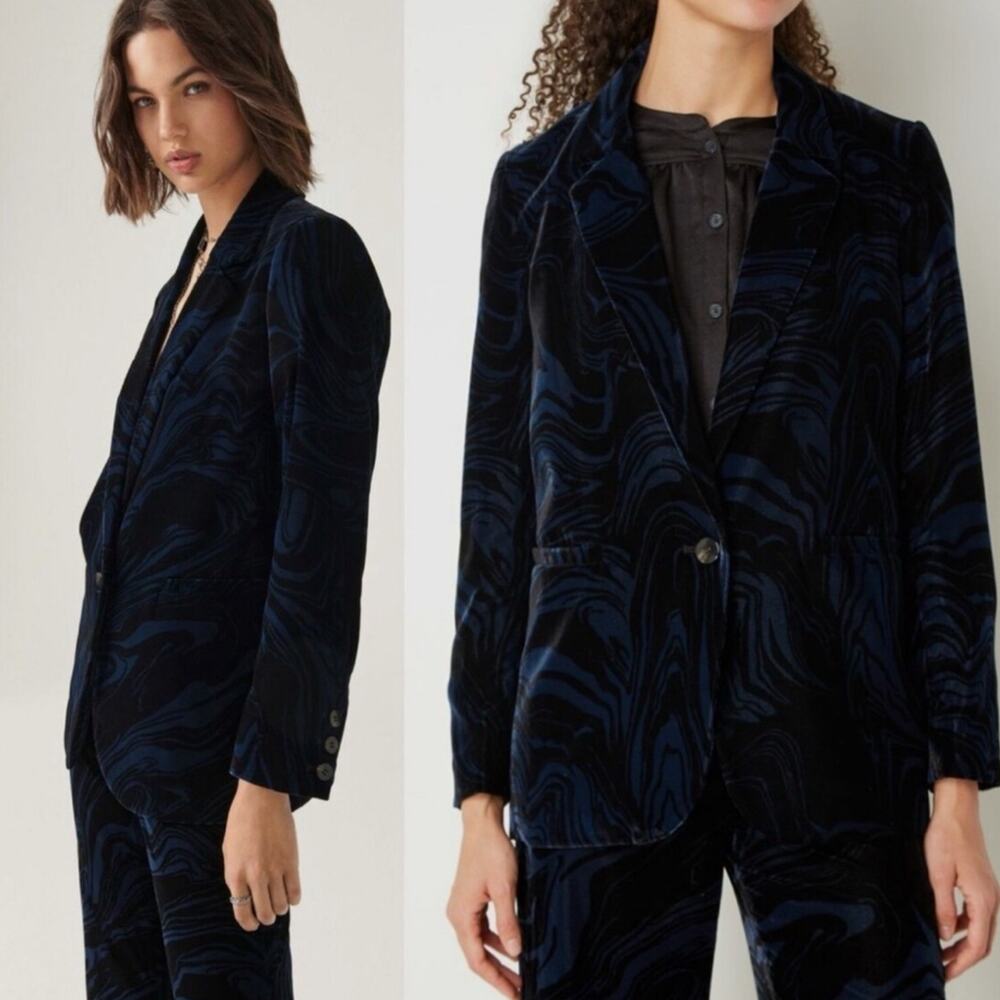 Ba&sh Tuck Noir Navy Black Marble Swirl Velvet One Button Blazer XS